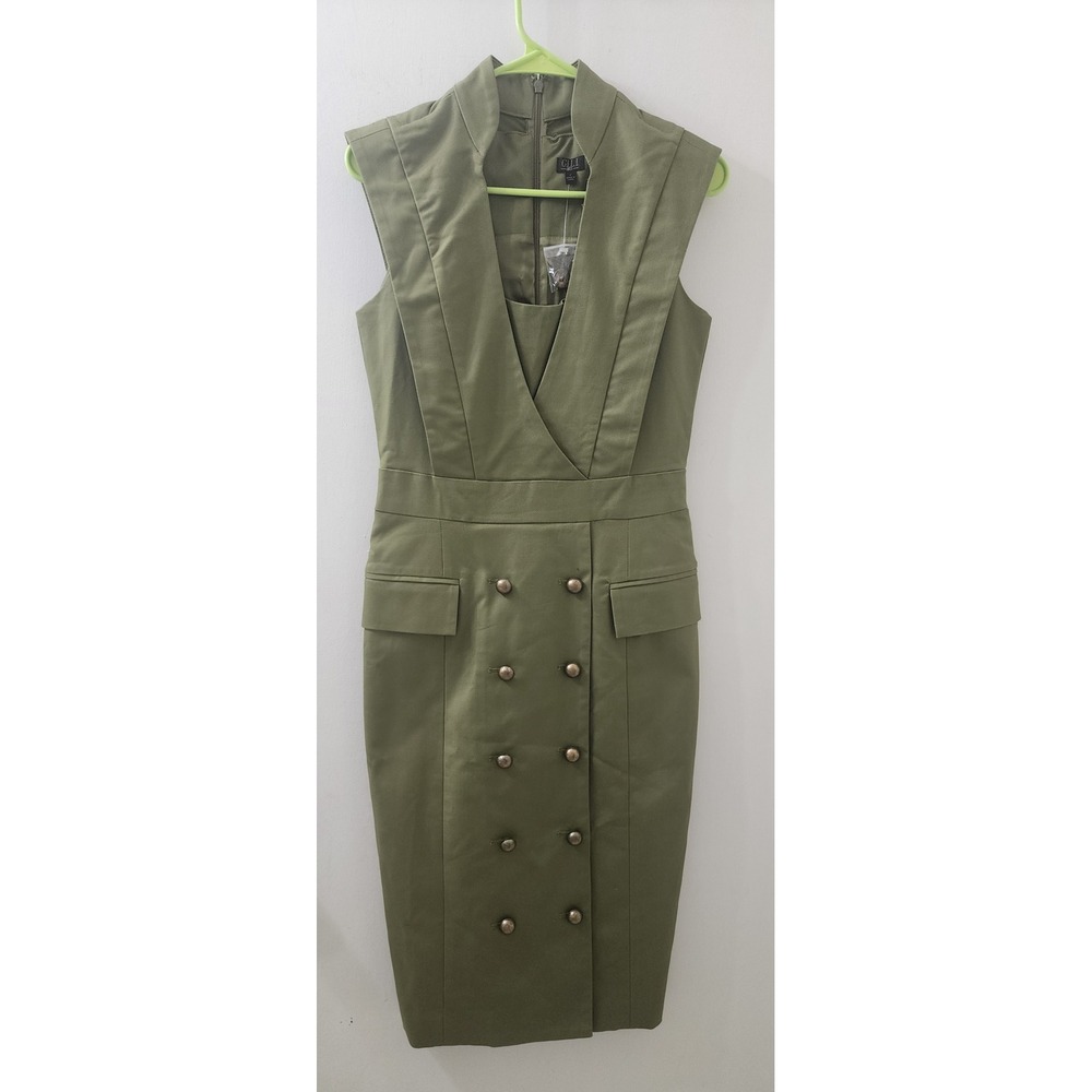 G.I.L.I. Womens Olive Green Military Sheath Dress Double Breasted Mock Neck 2